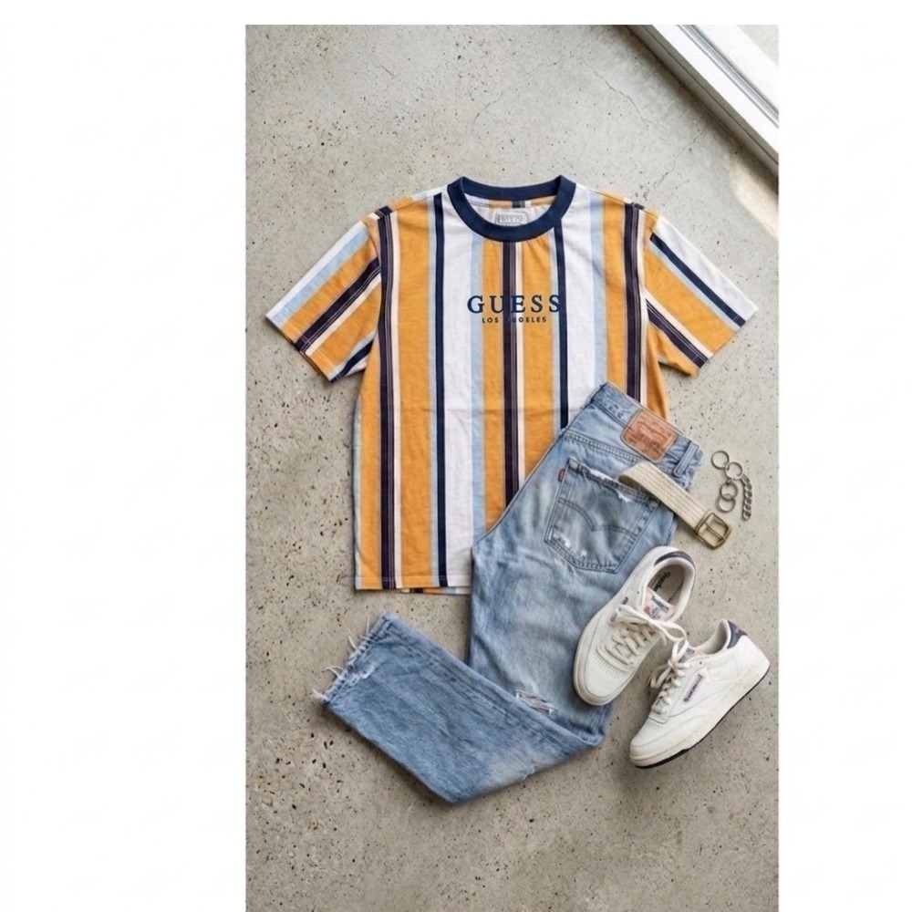 Guess💛💙Originals Y2K Striped Tee Los Angeles Retro Streetwear Mustard Blue M/L